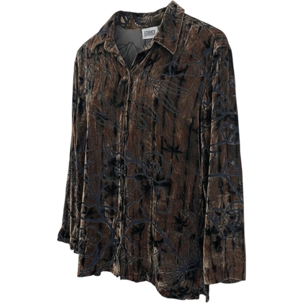 VTG Chicos Burnout Velvet Floral Top Silk Blend Boho Whimsigoth Brown Y2K 2/L